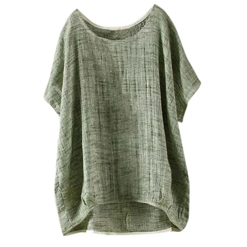 

Cotton Linen Summer Women O Neck Short Sleeve Casual Loose Solid Work Shirt Top Party Baggy Blusas Plus Size