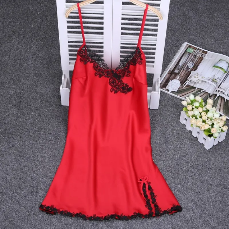 Lace Nightgown Female Sexy Woman Night Sleepwear Plus Size Sling Nightdress Summer Satin Night Gowns Ladies V-neck Nightwear 49 (1)
