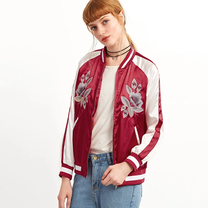 2018 women spring fashion jackets red striped trim flower embroidery bomber jacket with zipper