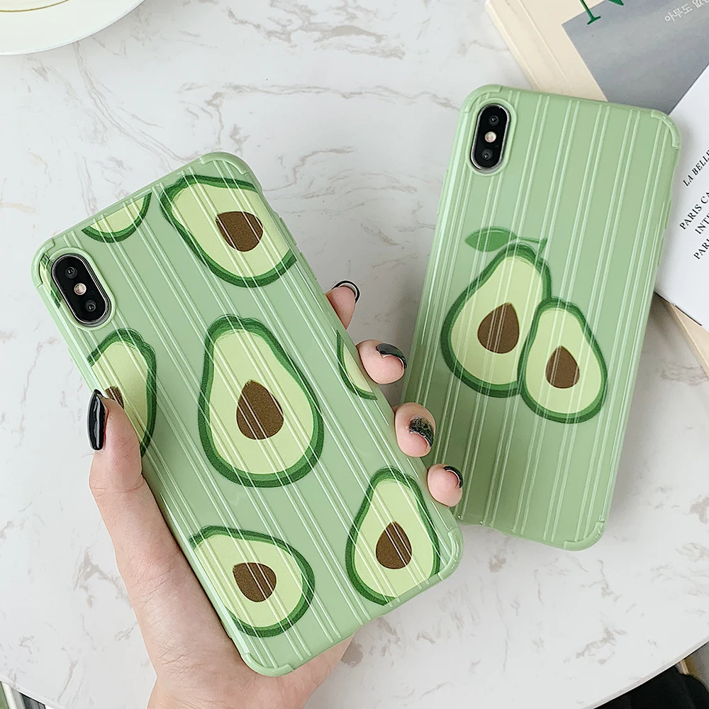 

SUYACS Phone Case For iPhone XS Max XR 6 6S 7 8 Plus X Korean Style Green Avocado Stripe Shockproof Soft TPU Phone Back Cover