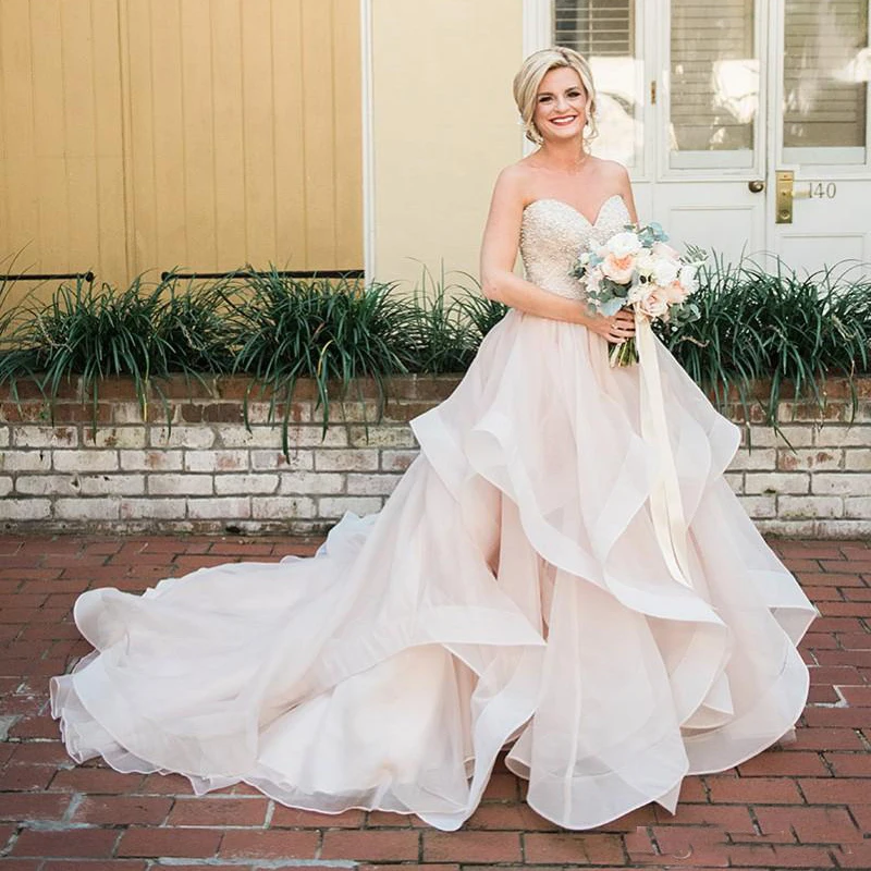 

Modest Country Wedding Dresses Sweetheart Beaded Ruffles Tulles Blush Boho Wedding Dress Sweep Train Plus Size Bridal Gowns