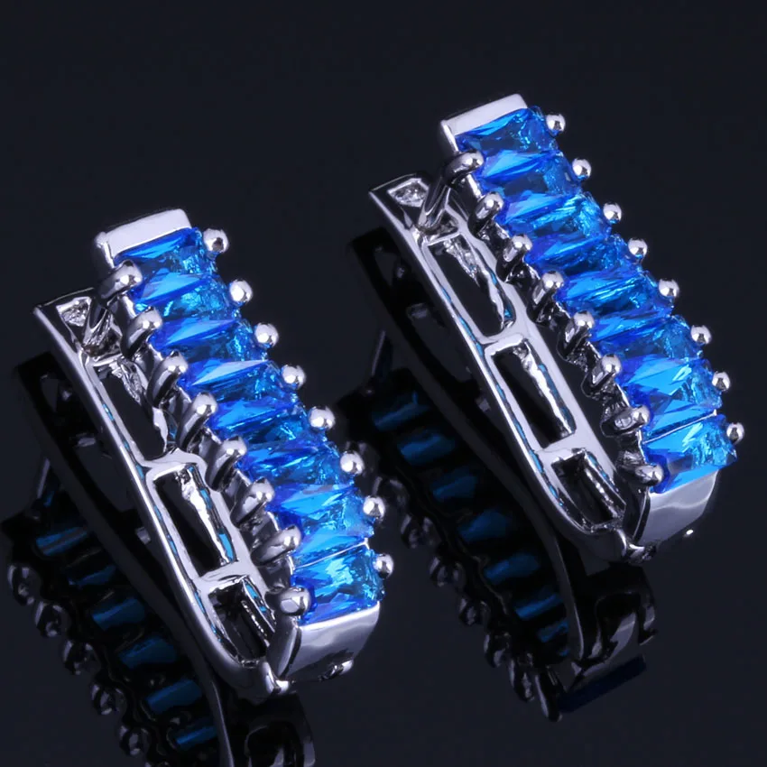 Wonderful Blue Cubic Zirconia Silver Plated Clip Hoop Huggie Earrings V0944 | Украшения и аксессуары