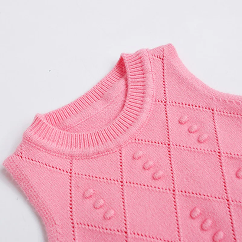 Hollow Out Baby Girl Sweater Vest Diamond Pattern O-Neck Sweet Princess Sleeveless Outfit Children's Knitting Pullover High Quality (3)