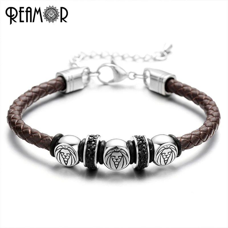 

REAMOR 316l Stainless Steel King of The Forest Lion Men Bracelets Braided Leather Rope with Adjustable Chain Bangle Male Jewelry
