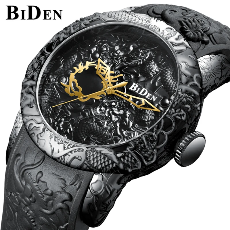 

BIDEN Brand Man Watch Dragon Men's Quartz Watches 3D Steampunk Style Gold Watch Men Exquisite Relief Creative Clock Relogio 0129