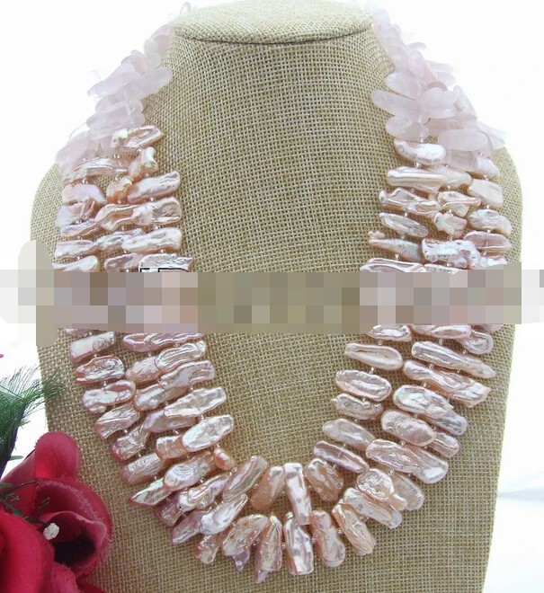 

FREE SHIPPING>>>@@ > N3179 Natural Pink Biwa Pearl&Rose Quartz Necklace