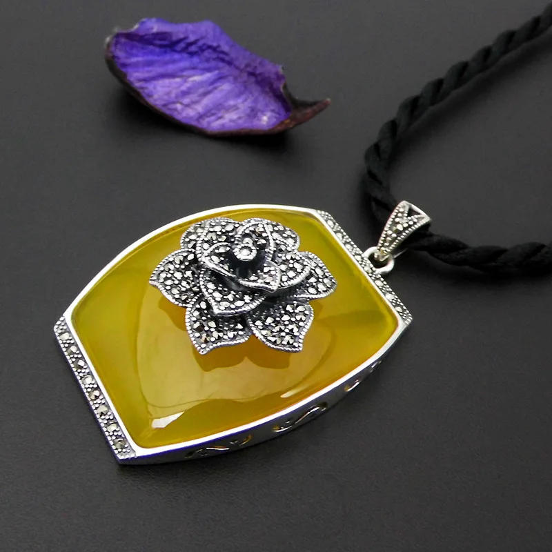

FNJ 925 Silver Rose Flower Pendant Red Zircon Yellow Chalcedony Stone S925 Original Thai Silver Pendants for Women Jewelry