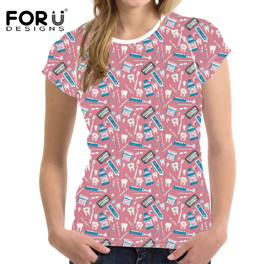 FORUDESIGNS/каваи мультфильм стоматолога печатных повседневные женские футболки летние дышащие топы одежда Новинка Бодибилдинг футболки