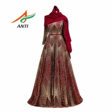 Анти-роскошное кружевное вечернее платье с блестками длинный рукав, мусульманский халат de soiree шарф с узором элегантный трапециевидной формы длиной до пола для вечерние платья