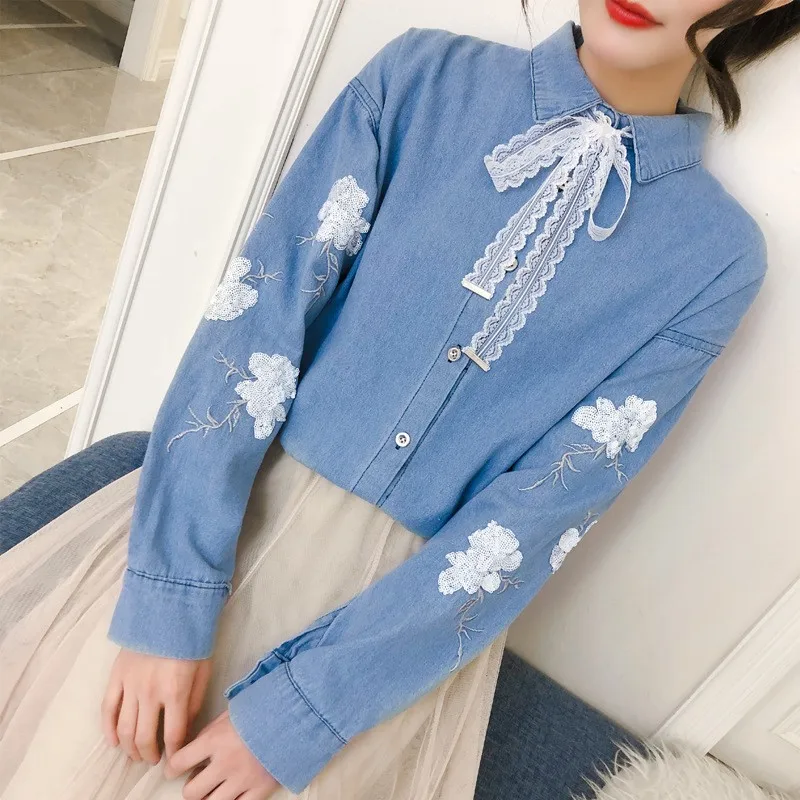Весенняя Новинка Camisa Feminina Manga Longa вышивка кружево бант на шнуровке повседневные
