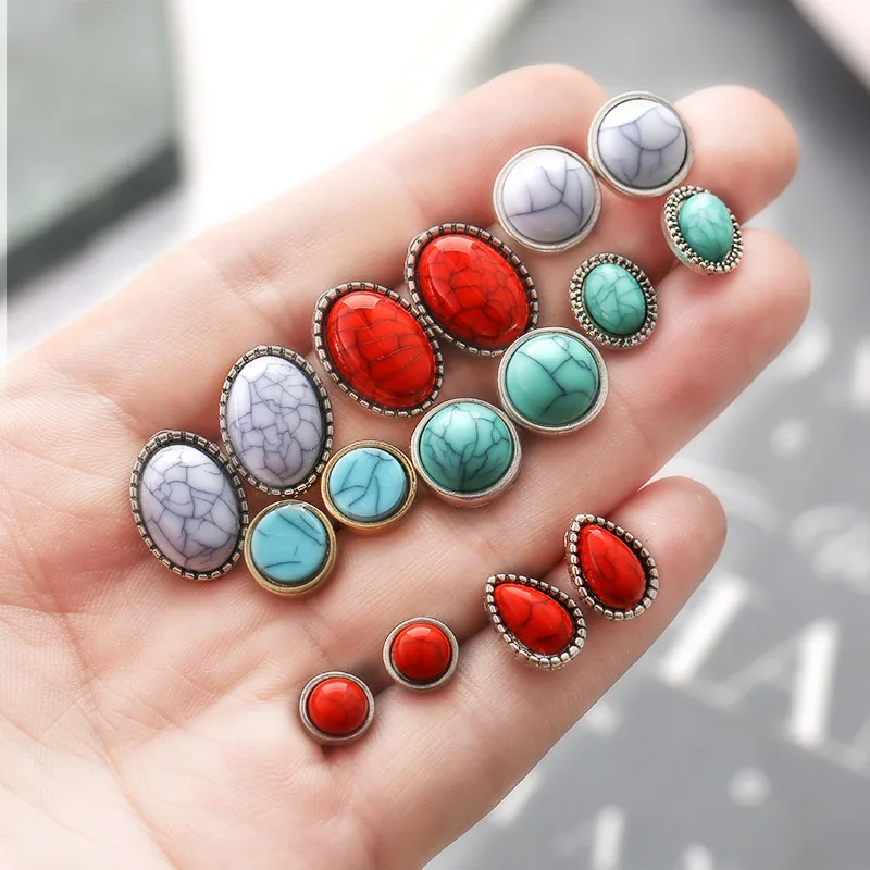 

Vintage Ancient Silver Stud Earrings For Women Statement Punk Fashion Jewelry Oval Round Tear Drop Natural Stone Ear Gift Brinco