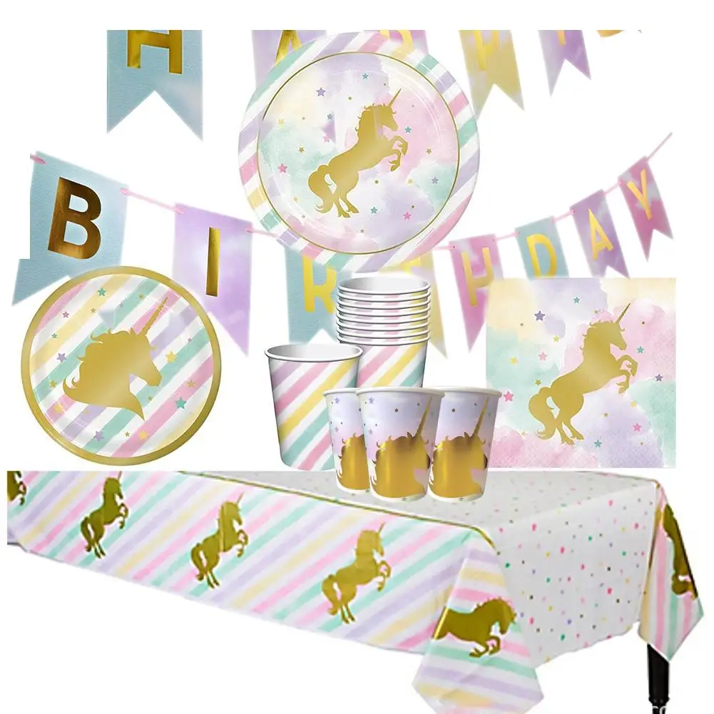 

Golden Unicorn Party Cup Plate Birthday Party Tableware Happy Birthday Decoration Baby Shower Supplies