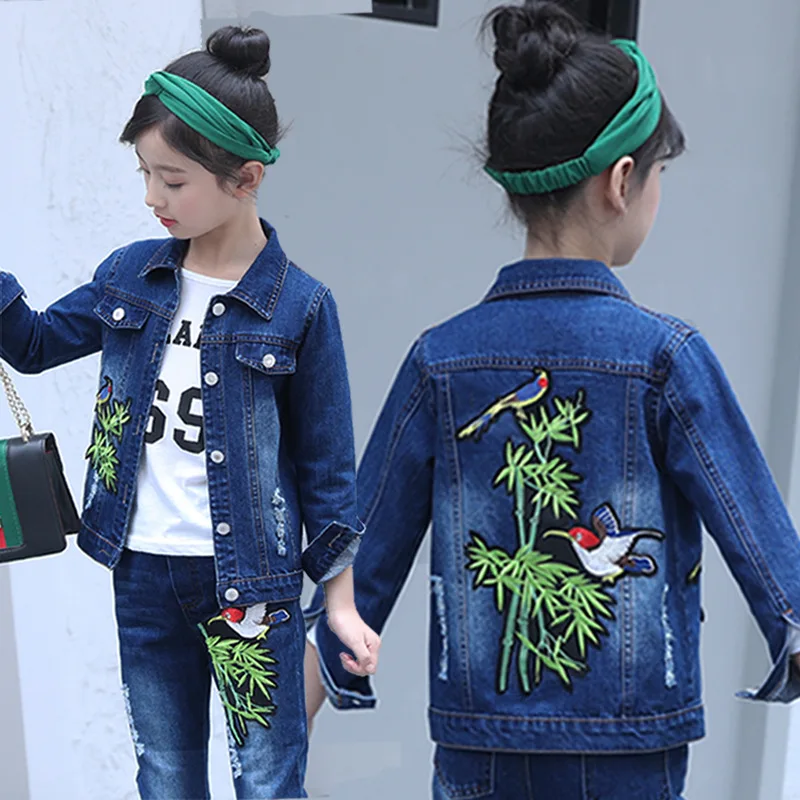 

2018 Kids Girls Clothes Set Printed Bamboo Denim Jacket Pants Children Clothing Winter Spring Autumn Girl Suit Conjunto Menina