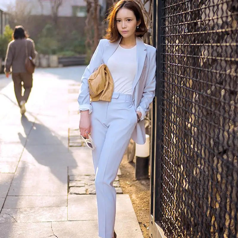 2018 Spring Women Suit Sets Elegant Casual Long Sleeve Leisure Soild Color Suit Jacket Harlan Pants Light Blue Twinset 2018 Spring Women Suit Sets Elegant Casual Long Sleeve Leisure Soild Color Suit Jacket Harlan Pants Light Blue Twinset