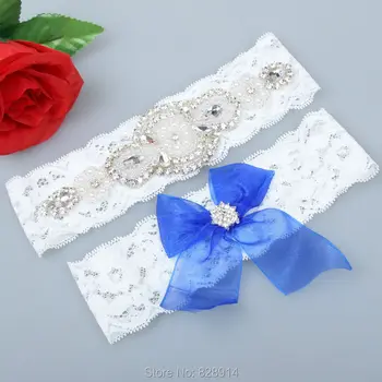 

2016 Original New Design Fashion Crystal Stone Wedding Garter Set For Bride Handmade with Navy Blue Bow