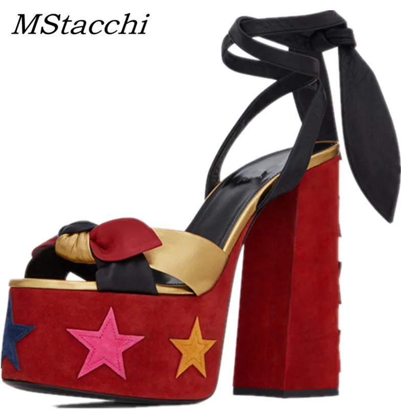 

MStacchi Women Summer Platfrom Sandals Woman Leather High Heels Shoes Mujer Thick Bottom Lace-Up Party Shoes Ladies Chunky Shoes