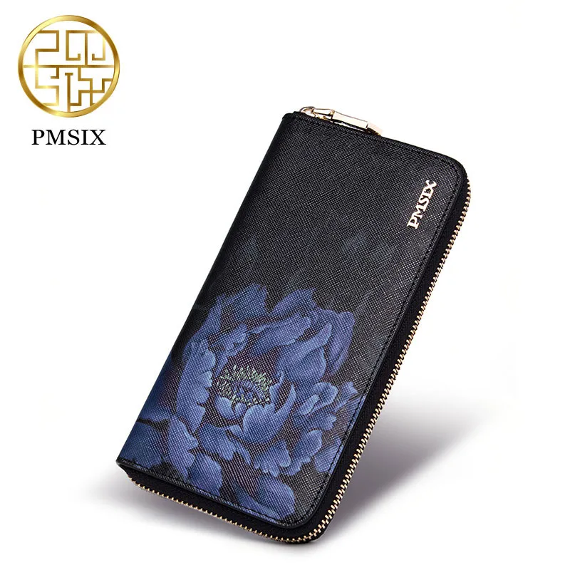 Pmsix 2020 новый цветочный принт коровья кожа Женский кошелек на молнии большой
