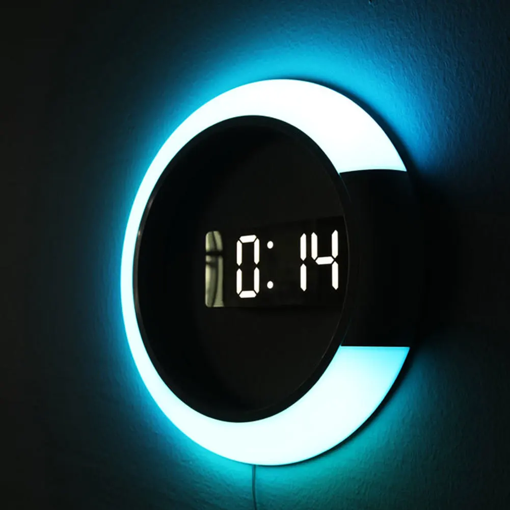 

Home Decor Multi-function Alarm Temperature Ring Light 4 Colors Digital Wall Clock LED Mirror Hollow Wall Clocks
