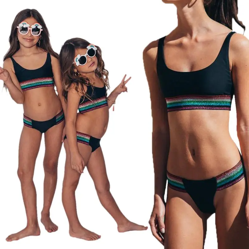 

Mother Daughter Family Matching Sport Swimsuit Glitter Sequins Rainbow Colorful Stripes Patchwork Bikini Set Triangle Bottoms