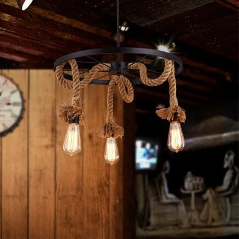 

Northern Europe Loft Personality Wheel Pendant Light Restaurant Coffee Shop Bar Decoration Hemp Rope Edison Lights Free Shipping