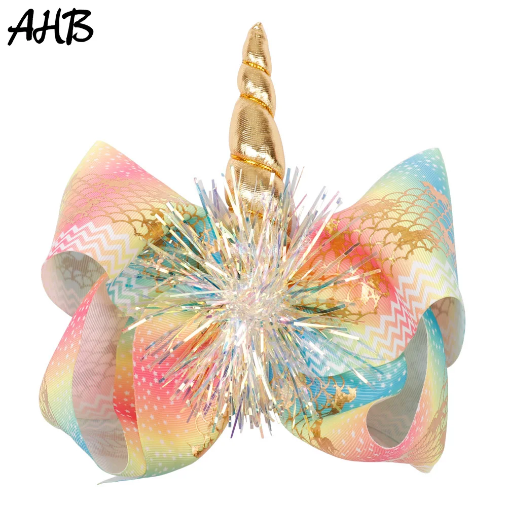 

AHB 7 Inch Large Hair Bows for Girls Unicorn Hair Clips Grosgrain Ribbons Bowknot Pompom Handmade Hairgrips Party Kids Headwear