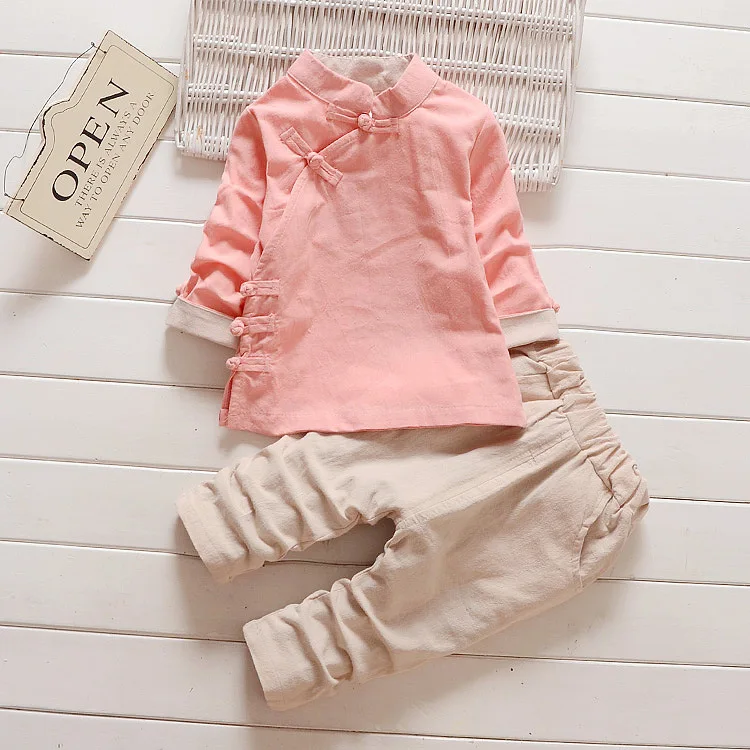 Одежда для маленьких мальчиков Hanfu/Весенний хлопковый костюм с длинными рукавами в стиле Тан топ+ штаны, комплект из 2 предметов, Одежда для новорожденных девочек, костюмы для бега Одежда для новорожденных - Цвет: Розовый