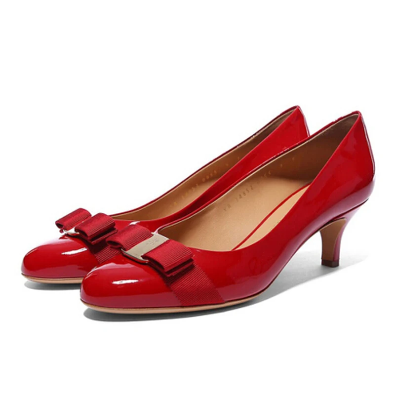 

Top Quality Genuine Leather Lady Leather Bow Middle Heel Shoes Metal Trim Lady High Heel Casual Shoes 5.5cm Luxury Women Shoes