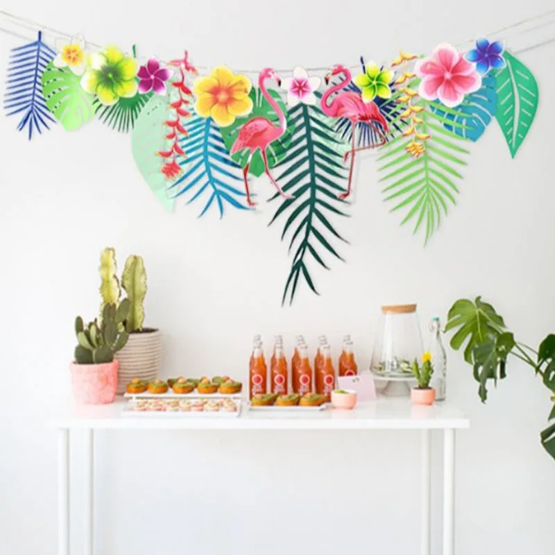 

1 Set Lovely Tropical Flamingo Banner Leaves Flower Garland Hawaiian Bachelorette Hen Birthday party Decoration Supplies