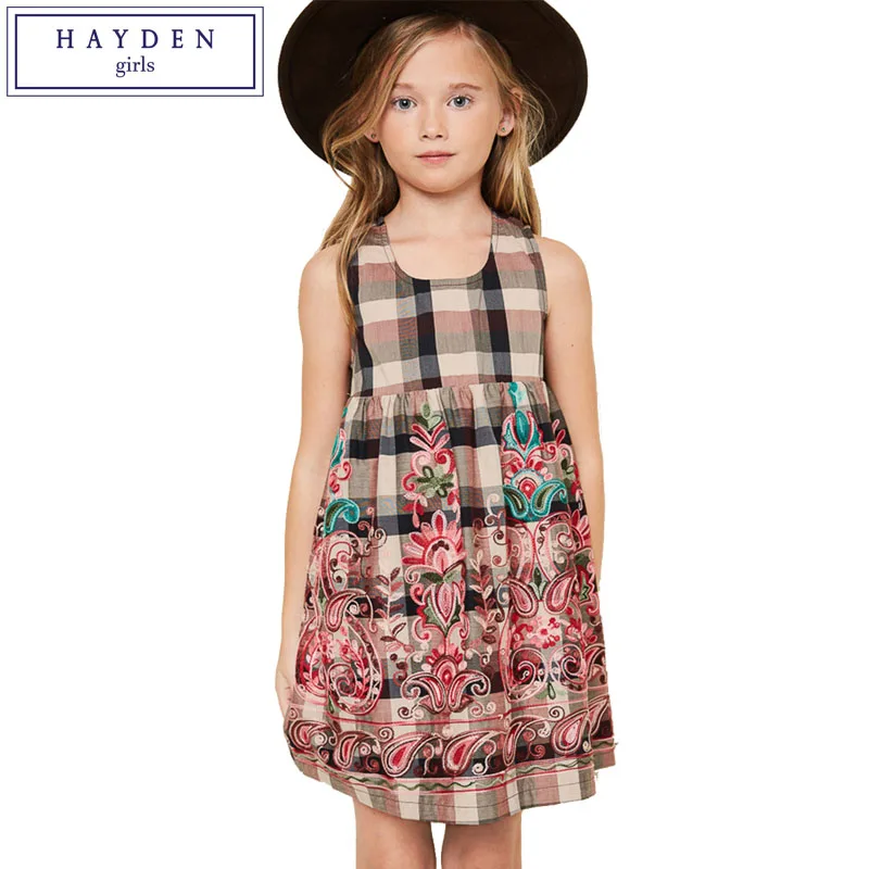

HAYDEN Girls Floral Embroidery Plaid Dress Kids Polyester Paisley Dress Teenagers Sleeveless Boho Dresses Size 7 to 14 Years
