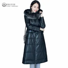 Женский пуховик из натуральной кожи тонкое теплое пальто из овчины женское длинное пальто с воротником из меха енота пальто размера плюс Oka813