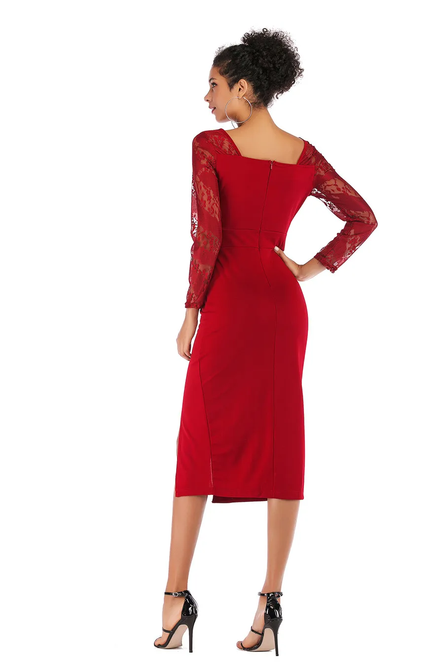 Gladiolus Sexy New Summer Dress Women 2019 Long Sleeve V Neck Slim Lace Patchwork Midi Women Office Dress Ladies Pencil Dresses (19)