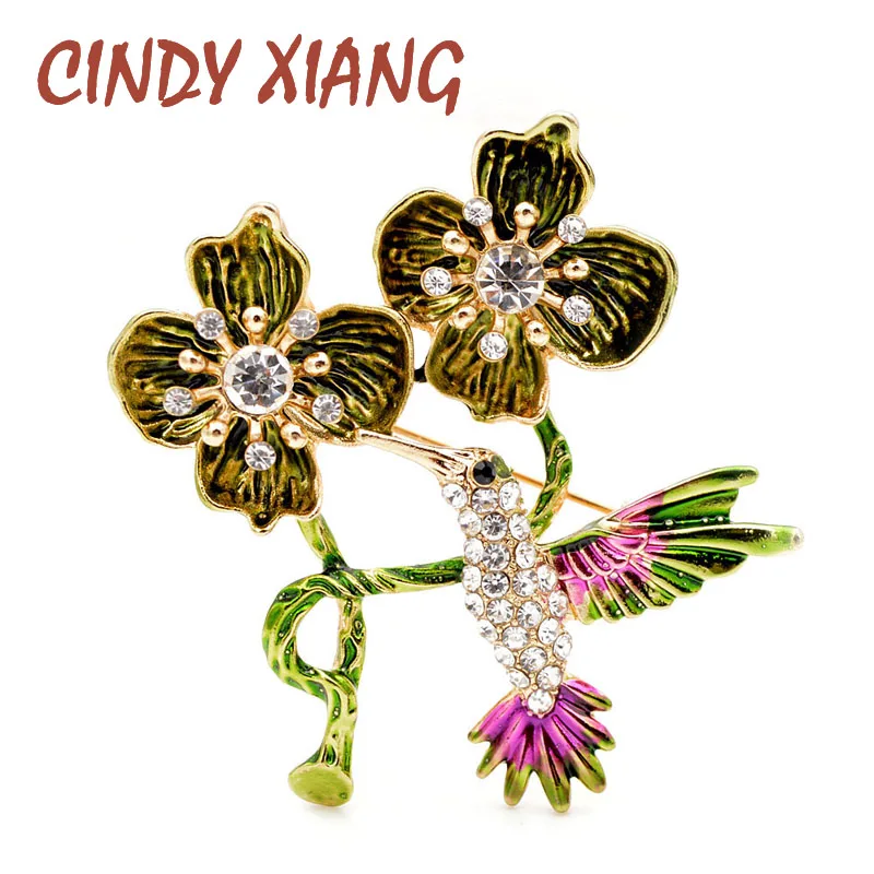 

CINDY XIANG Rhinestone Hummingbird Brooches For Women Enamel Green Flower Pins Autumn Design Coat Accessories Jewelry Goiod Gift