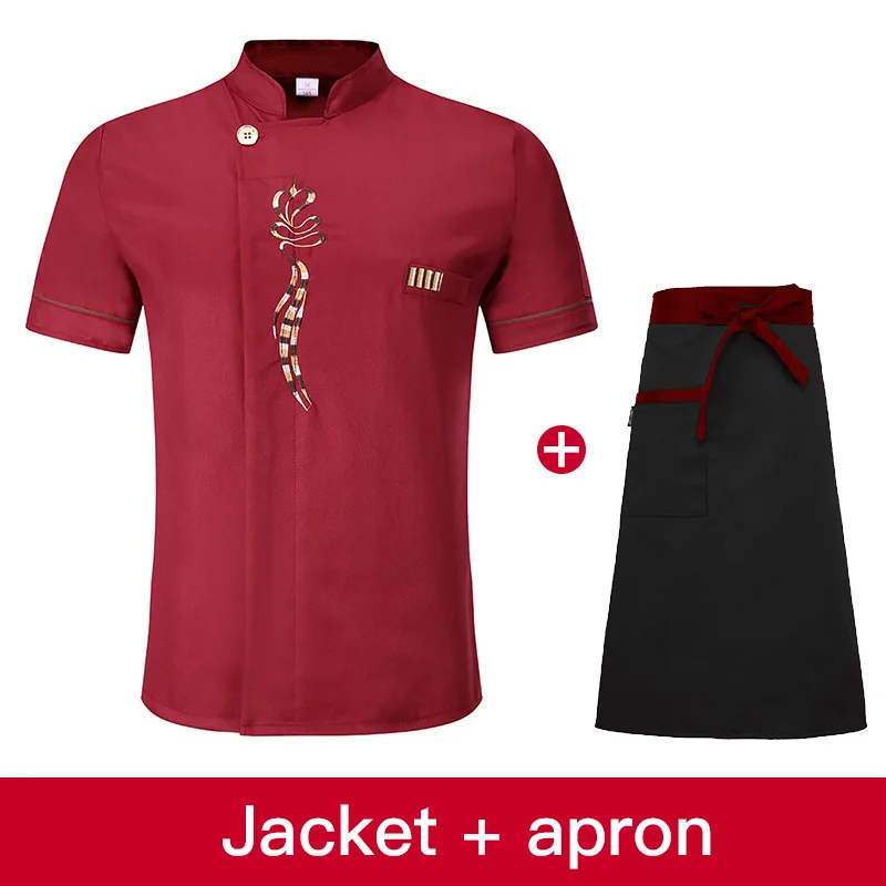 High Quality Short Sleeve Chef uniform red Restaurant Hotel Kitchen Workwear unisex Breathable Jacket+Apron Summer cooking Set - Цвет: jacket apron