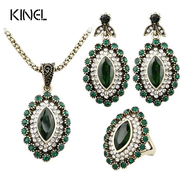 Conjunto De joyería con diamantes De imitación para mujer, collar, pendientes, pendientes, diseño De flor, Ojo De caballo, cristal verde, Estilo Vintage indio Conjunto De joyería con diamantes De imitación para mujer, collar, pendientes, pendientes, diseño De flor, Ojo De caballo, cristal verde, Estilo Vintage indio