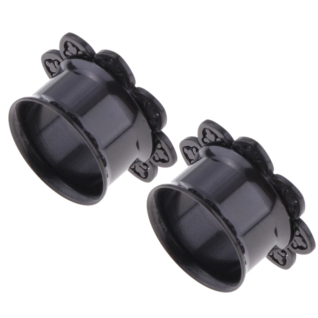 2Pieces Black Flower Stainless Ear Flesh Tunnels Flared Earrings Gauges 8mm