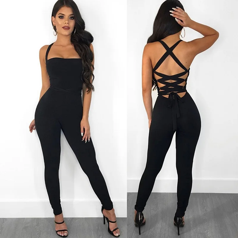 Sexy Strappy Backless Bodysuit Women Solid Sleeveless Bandage Slim