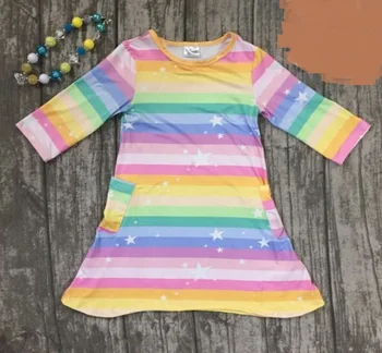 

baby girls Fall/ Autumn dress girls RAINBOW dress children girls milk silk colorful stripe dress long sleeve dress with necklace
