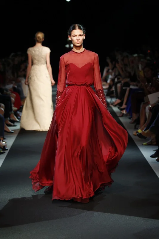 

Georges Hobeika Elegant Sheer Neck Chiffon Red Evening Dresses With Sleeves 2014 Floor Length Arabic Party Gown Robe De Soiree