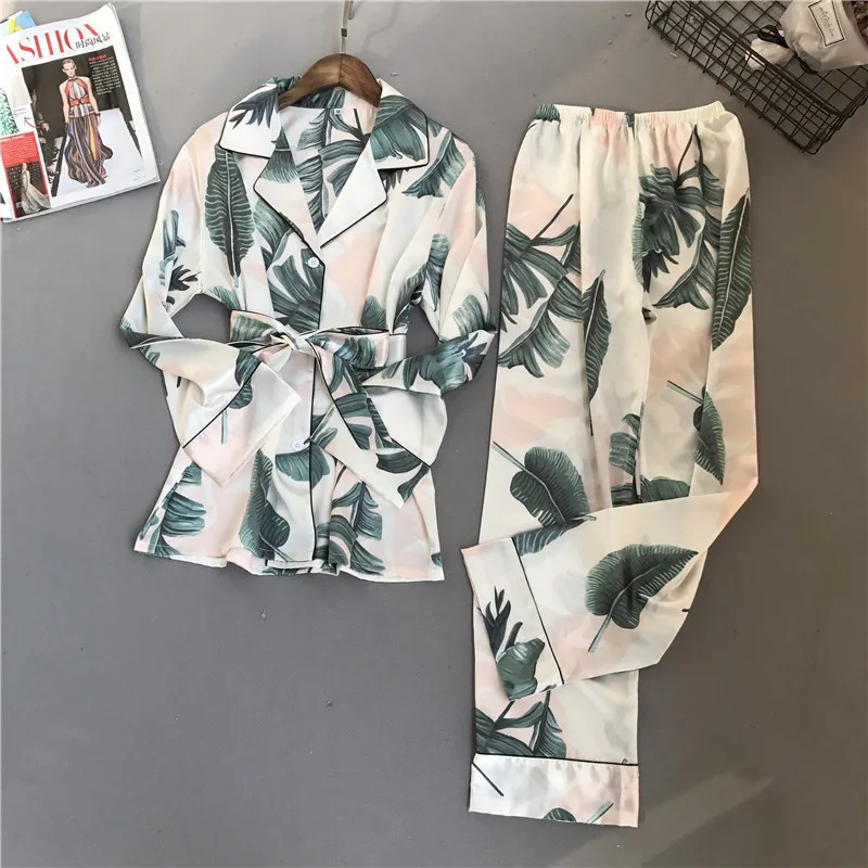 Queenral 2 PCS Silk Satin Women Pajama Set Sleepwear Long Sleeve Trousers Lingerie Homewear Pijamas For Woman Home Suit Printing5