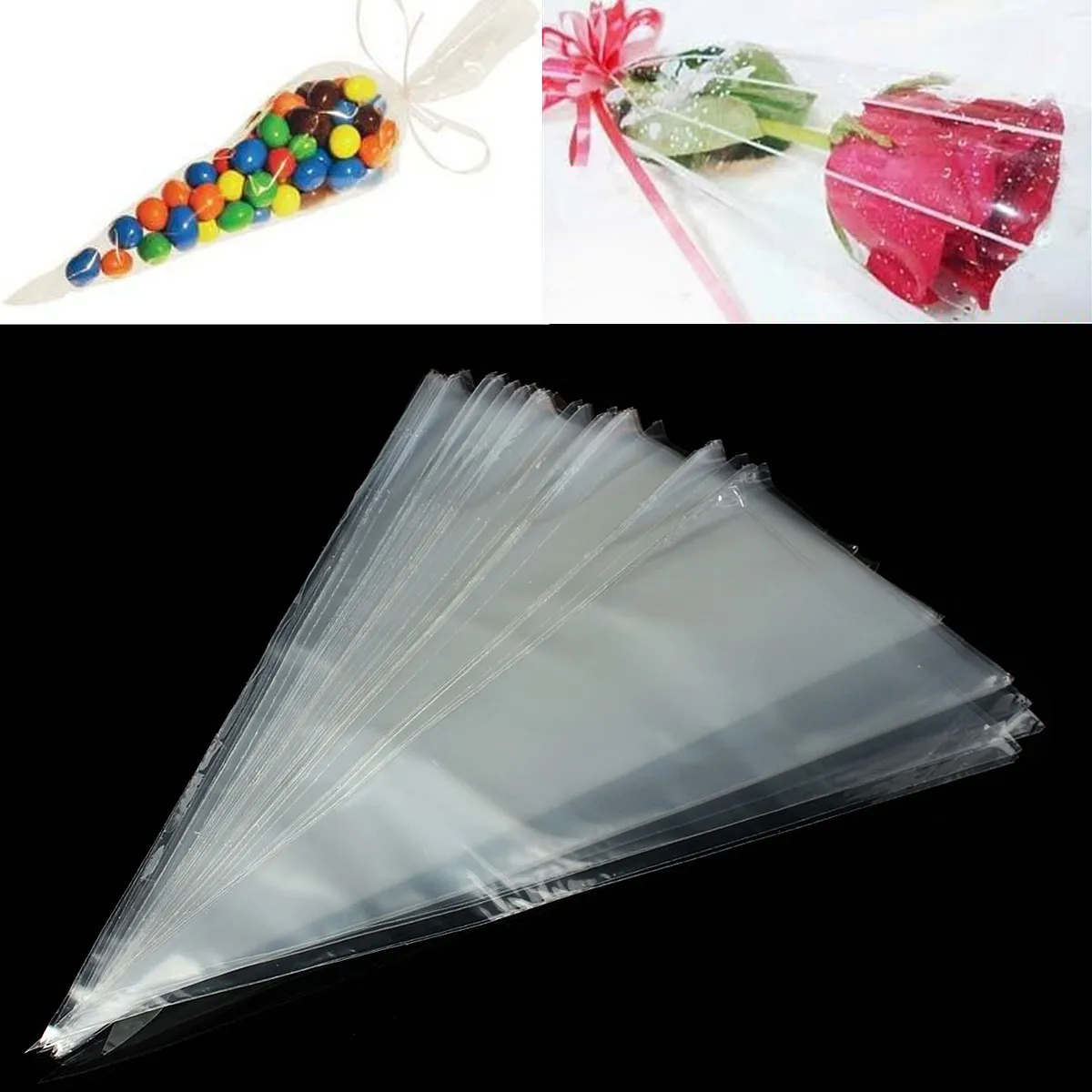100x прозрачные пластиковые целлофановые пакеты в форме конуса, прозрачный мешок для конфет, упаковка для сладкого сахара, попкорна, цветов, на день рождения, свадьбу