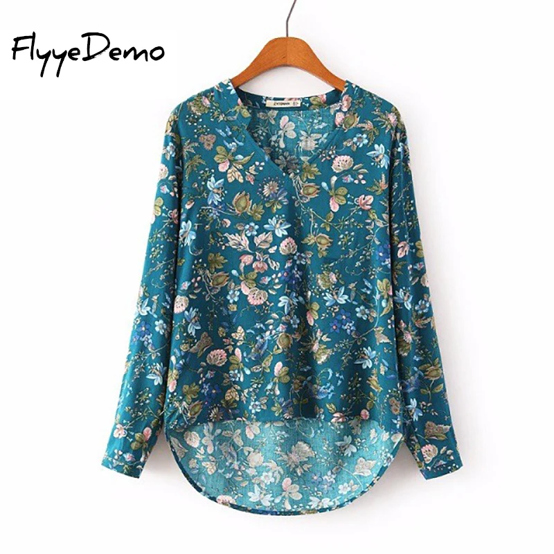 

2019 Spring New Women Vintage Floral Print Long Sleeve V Neck Shirt Loose Pullover Cotton OL Blouse Blusa Femininas