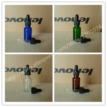 

20ml clear/blue/brown/green shiny Glass Essential Oil Bottle With black plastic ring+black/white cap.Oil vial