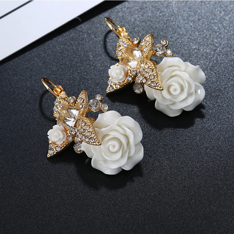 Wedding Romantic Fashion Jewelry Women Crystal Butterfly Resin Rose Flower Drop Earring Girls Boho Ethnic Bridal Dangle Earrings
