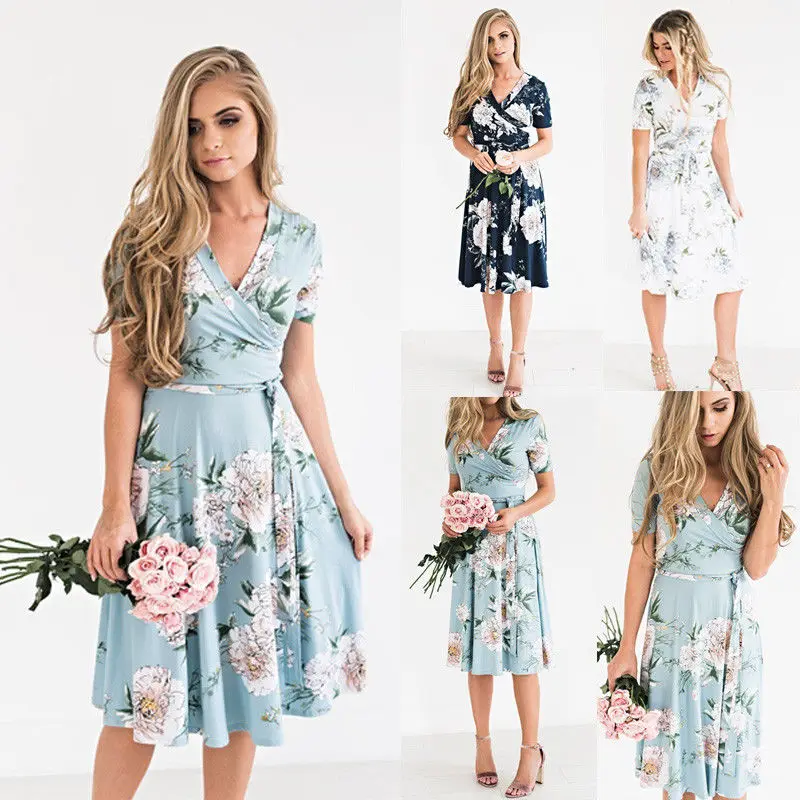 

Women Boho Floral Print Short Sleeve Dress Summer Sexy Deep V Dress Elegant Ladies Sundress Holiday