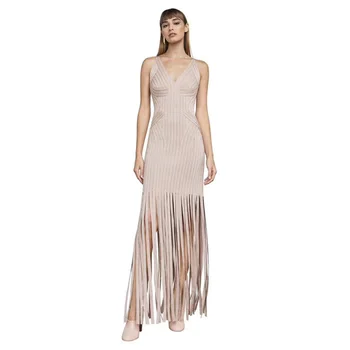 

2018 New Arrival Summer Women Bandage Dress Fashion Tassel Sleevless V Neck Sexy Backless Bodycon Evening Party Dresses Vestidos