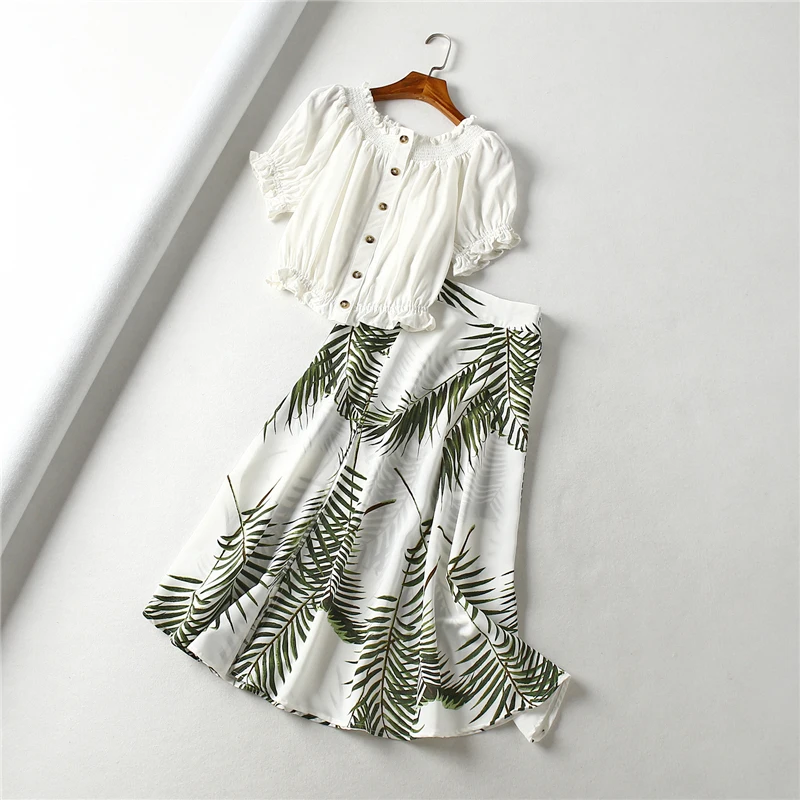 

2019 summer new sexy strapless word collar cotton linen shirt holiday print skirt two-piece