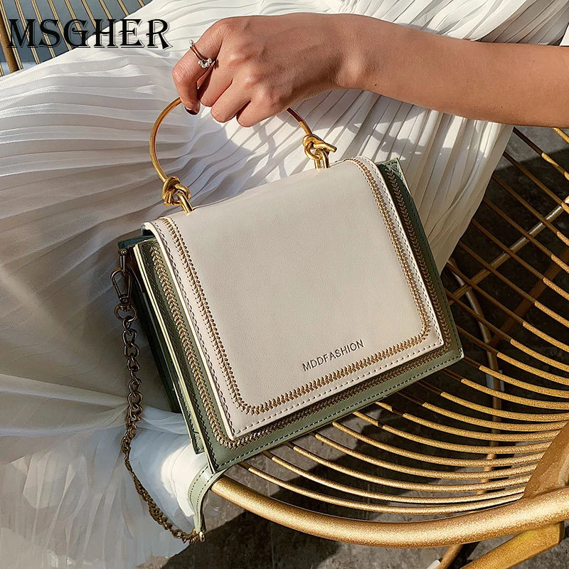 

MSGHER Chain Pu Leather Crossbody Bags For Women Patchwork Shoulder Messenger Bag Female Totes With Metal Handle Handbags
