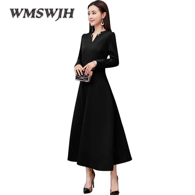 

Wmswjh 2019 Spring Autumn Women New Fashion Big swing Dress Korean Slim Dress Long Sleeve Large Size V Neck Bottom casual Dress