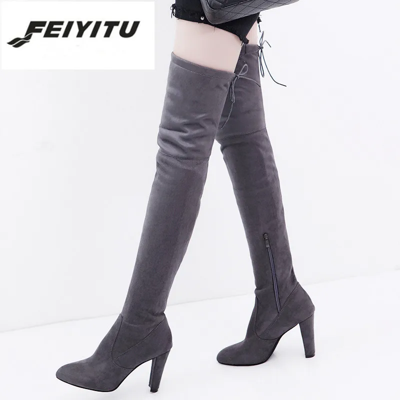 Женские высокие сапоги feiyitu из искусственной замши модные выше колена эластичные