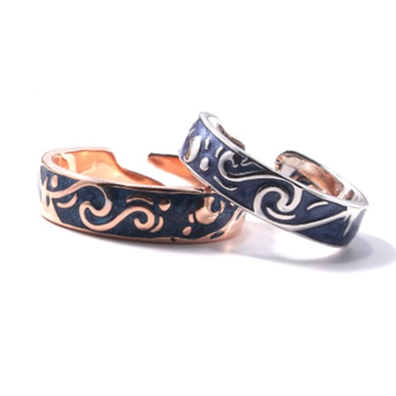 Couple Jewelry Van Gogh Star Sky Ring Stainless Steel Blue Drop Glaze Finger Rings (5)